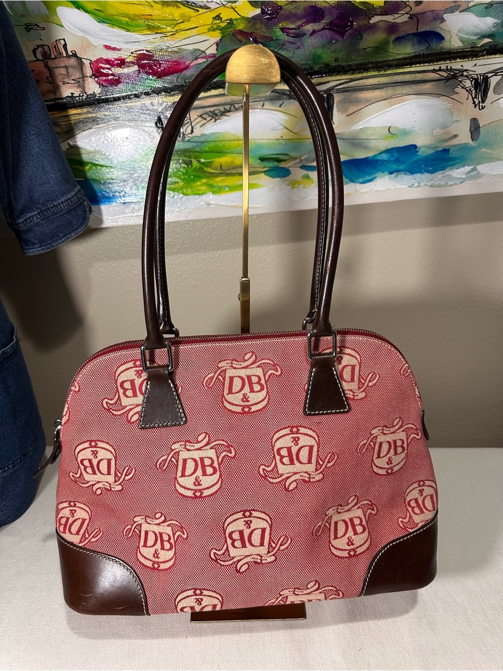 Dooney & Bourke Red Logo shoulder bag with Brown Leather Trim. Vintage
